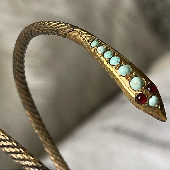 Vintage Coiled Gilt Egyptian Revival Silver Snake Bangle Turquoise Garnet Eyes - Picture 3 of 17